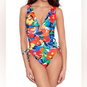 Ralph LaurenFloral Shirred Plunge One Piece Swimsuit